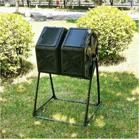 Electric Compost Bin Compost Bin Tumbling Composter Rotating w/ 2 Doors Compost Bin, Dual Chamber All Season Heavy Duty Outdoor Gardening Composting Tumblers Garden Yard (140L/37 Gallon, Black) Compos