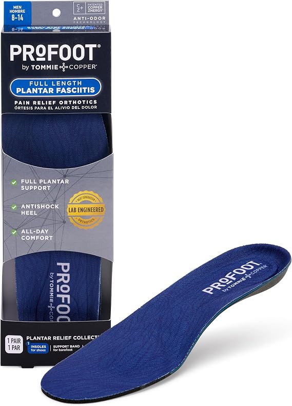 ProFoot Full Length Plantar Insoles for Men's Size 8-14 Targeted Pain Relief Gel Heel Cushion Copper Znergy Odor Control Half Length Fit