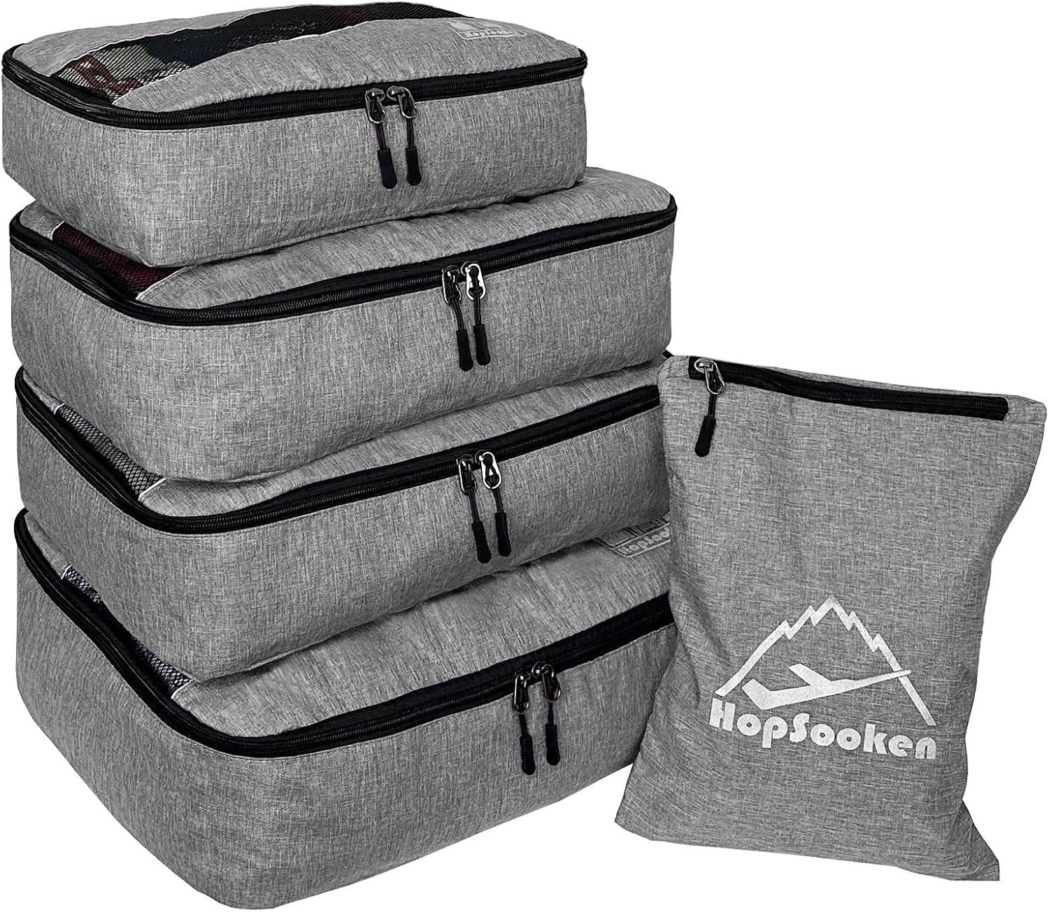 5 Set Packing Cubes for Travel Large Suitcase Luggage Organizer Bags Travel Accessories Vacation 4 Cubes 1 Laundry Pouch Bag, Snow Gray, L