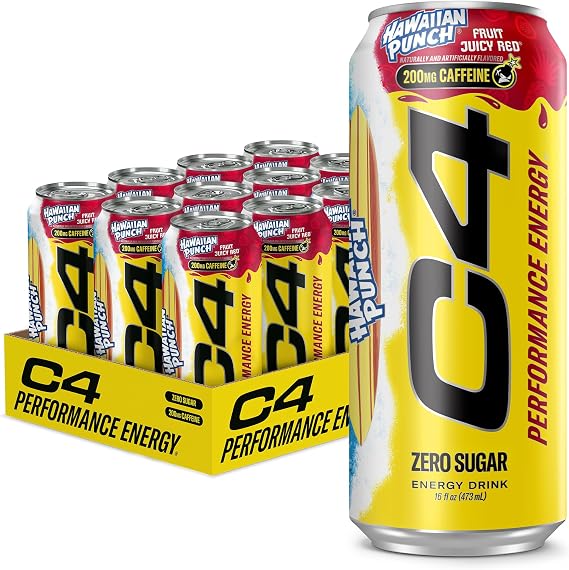 C4 Performance Energy Drink with Zero Sugar, 200mg Caffeine, 16 Fl Oz 12pk | Hawaiian Punch flavor with 200mg caffeine, beta-alanine & BetaPower betaine for explosive energy and performance.