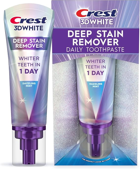 Crest 3DWhite Deep Stain Remover Dazzling Mint Toothpaste, 3.1 oz (Pack of 1), Whiter Teeth in 1 Day, Enamel Safe Fluoride Toothpaste for Fast Stain Removal and Prevention
