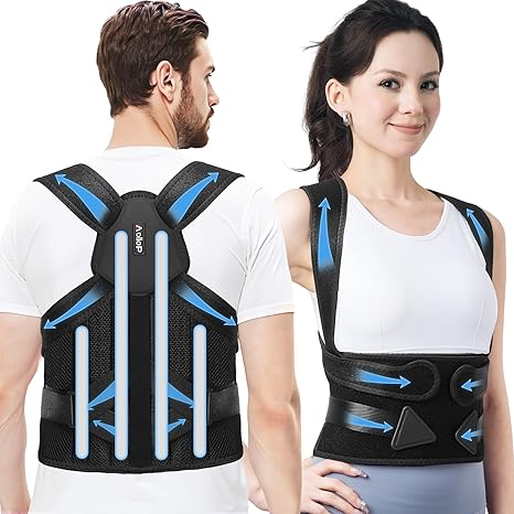 Posture Corrector for Men and Women - Elastic Adjustable Lumbar Belt Strap 4 Support Bars Back Support Brace - Breathable Upper Lower Back Straightener for Spine Scoliosis (Black, 30'-38')