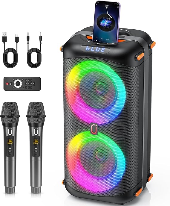 Karaoke Machine with 2 Wireless Microphones, Portable Bluetooth 5.3 Karaoke Speaker for Home Outdoors, PA System for Adults with Echo Adjustment/LED Lights, Support TV/USB/AUX/TF