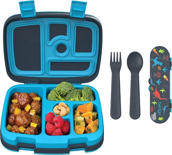 Bentgo Kids Prints 5-Compartment Bento-Style Kids Lunch Box Set with Reusable Plastic Utensils (Dinosaur)
