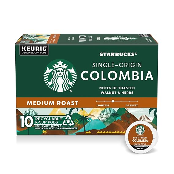 Starbucks K-Cup Coffee Pods, Medium Roast Hot or Iced Coffee, Single-Origin Colombia, 10 Keurig Pods | 100% Arabica K-Cup pods for Keurig brewers; single-origin Colombia medium roast; 1 box, 10 pods