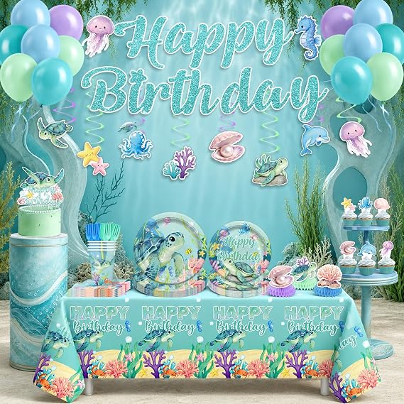 NeoRov 208 Pcs Ocean Themed Birthday Party Decorations Tableware Set | Service 25 Guests | Includes Banner, Cake Topper, Balloons, Plates And Napkins Paper Cup | For Under The Sea Birthday Party