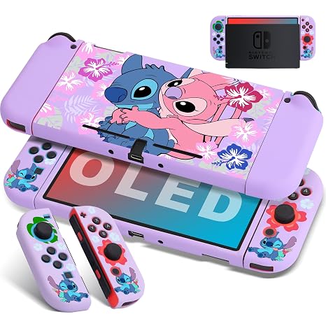 Xcitifun Protective Case Compatible with Nintendo Switch OLED TPU Cases for Girls Boys Kids Cartoon Cute Kawaii Switch 2021 Protect Shell Designed for Nintendo OLED Cover - Petal Purple