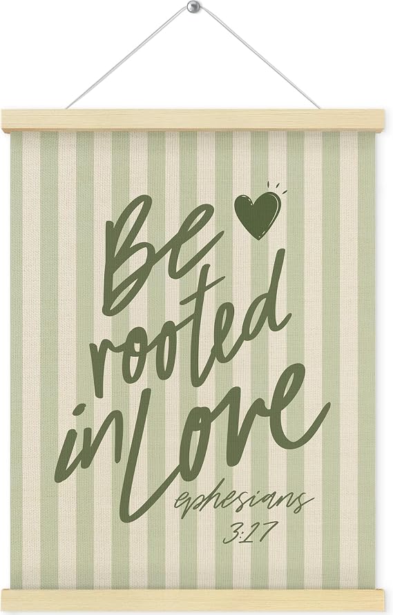 QEJ Sage Green Christian Wall Art Decor, Be Rooted in Love Bible Verse Canvas Poster Hanger Frame, Preppy Green Striped Religious Wall Decorations for Bedroom Home Decor, 12x16 Inch