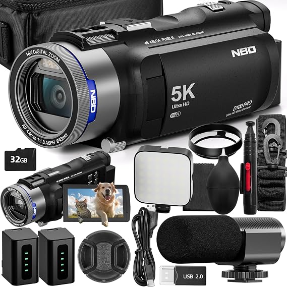NBD 5K Video Camera Camcorder Ultra 48MP Vlogging Camera for YouTube,16X Digital Zoom Camcorder 3.0" IPS 270 Flip Screen with Mic,Fill Light,2 Batteries and 32G SD Card(Black)