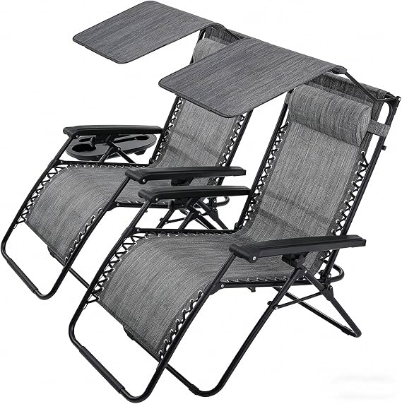 BIRCHTREE Set of 2 Zero Gravity Recliner Chairs with Canopy, Cup Holder, Adjustable Garden Sun Loungers, Foldable Outdoor Reclining Chairs for Patio, Balcony, SR06, Grey