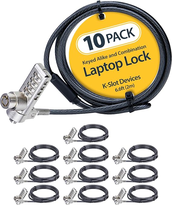 StarTech 10-Pack Dual-Access Laptop Lock, TAA | 6.6ft (2m) Keyed Alike and Combination Security Cable Lock for K-Slot Devices, DUALKA10-LAPTOP-LOCK