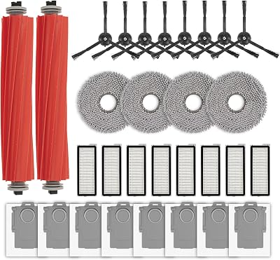 30 Pack Q Revo S Accessories Replacement Parts for Roborock Qrevo S, Qrevo Pro, Qrevo MaxV, QRevo Plus Robot Vacuum, 2 Roller Brushes, 8 Black Side Brushes, 8 Dust Bags, 8 HEPA Filters, 4 Mop Pads