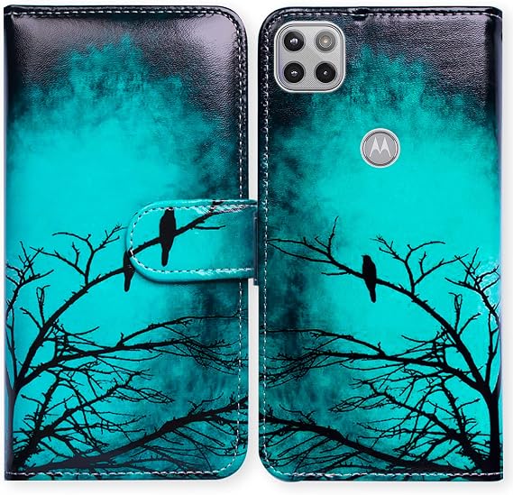 Bcov Motorola One 5G Ace Leather Flip Case, Black Bird Pattern, Wallet Cover with Card Slots, Magnetic Lock & Kickstand