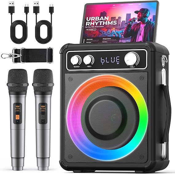 VOSOCO Karaoke Machine, Bluetooth Speaker with 2 Wireless Mics for Adults
