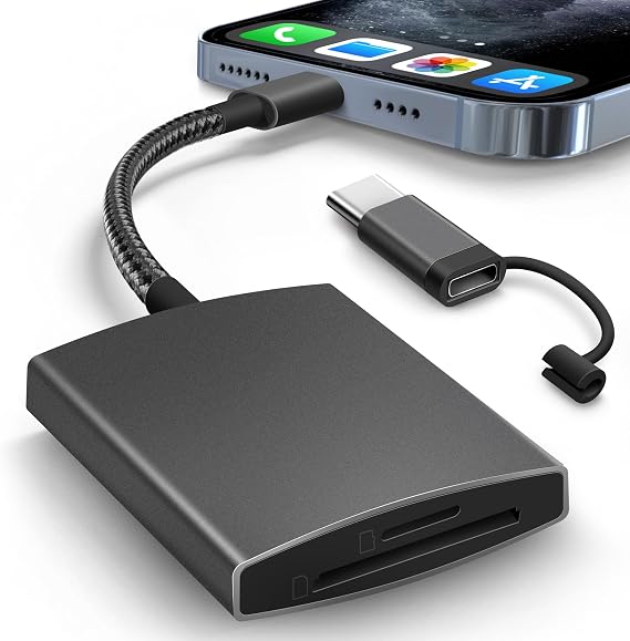 SD Card Reader for iPhone iPad Built-in Dual Lightening & USB-C Connector Card Adapter with SD MicroSD 2 Slots Trail Camera Memory Card Viewer, Portable No App Required Plug and Play - Grey