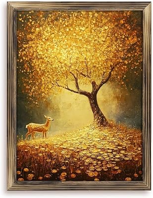 Rustic Long Wooden Framed Art  Golden Tree Deer Beneath Autumn Leaves  Farmhouse Style Wall Decor Sign for Tabletop Or Hanging - Durable Handcrafted Wood Print - Home & Office Decoration