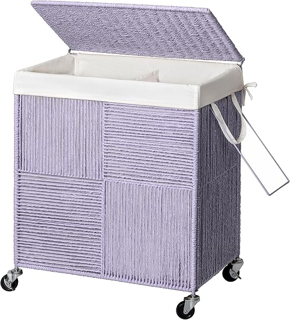WOWLIVE Double Laundry Hamper with Wheels, Handwoven Rolling Laundry Basket | 115L Dirty Clothes Hamper with Lid, Removable Liner Bag, Large Capacity Laundry Sorter Laundry Room Organization, Purple