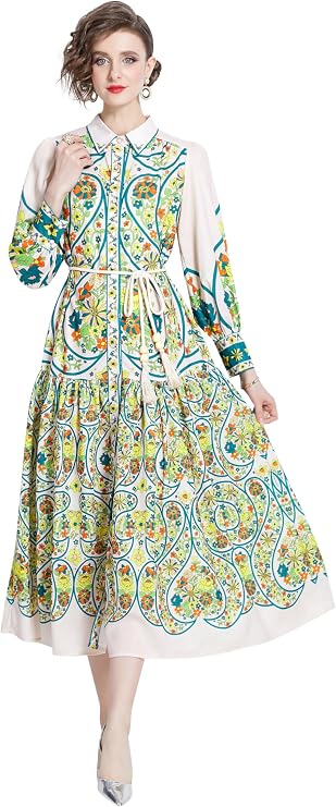 LAI MENG FIVE CATS Women's Floral Print Long Sleeve Flowy Casual Button Up Maxi Dress with Belt