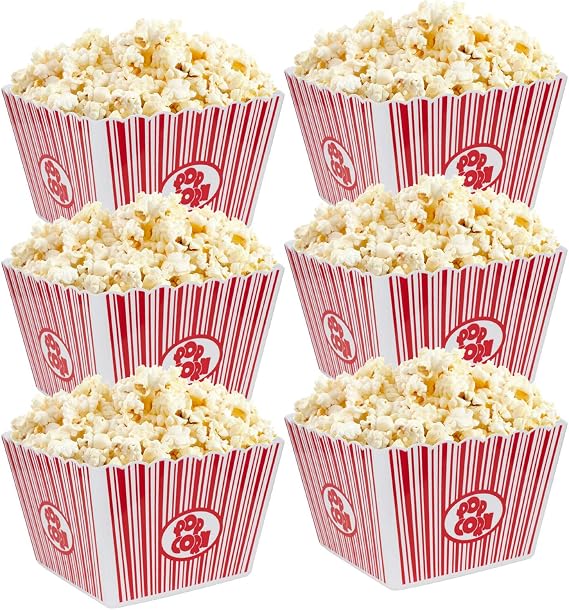 Hedume 6 Pack Plastic Popcorn Buckets, Reusable Popcorn Bowl, Movie Theater Style Popcorns Container Set, Red & White Striped Classic Popcorns Boxes for Movie Night (Square, 9" x 9" x 6")
