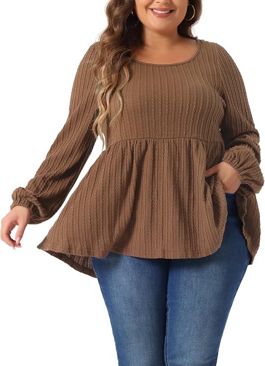 Agnes Orinda Plus Size Blouses for Women Scoop Neck Long Sleeve Ruffle Hem Peplum Knit Top