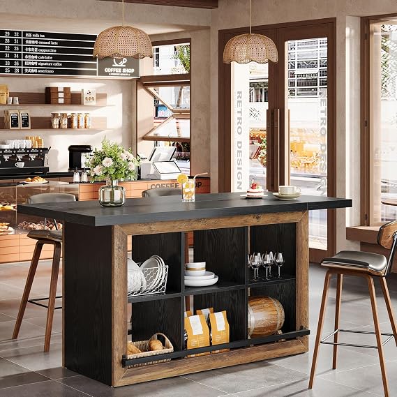Tribesigns Bar Table with Storage, 62.6" Home Bar Cabinet (Brown & Black) | Large Counter Height Rectangular Pub Table with 6 Spacious Cubbies and Metal Footrests for Home Kitchen, Dining Room