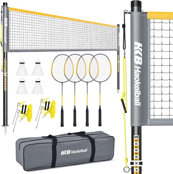 Haokelball Professional Badminton Set Badminton Sets for Backyards with Net Tension Adjuster, Badminton Rackets Set of 4, 4 Nylon Badminton Shuttlecocks and Carry Bag