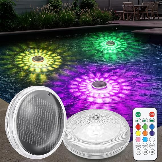 Qoolife Solar Float Lights for Swimming Pool, 2 Pieces - IPX7 Waterproof Underwater Lights with Remote Control, 12 Colour Modes, Timer, Great for Pool, Pond, Halloween and Decoration [Energy Class F]