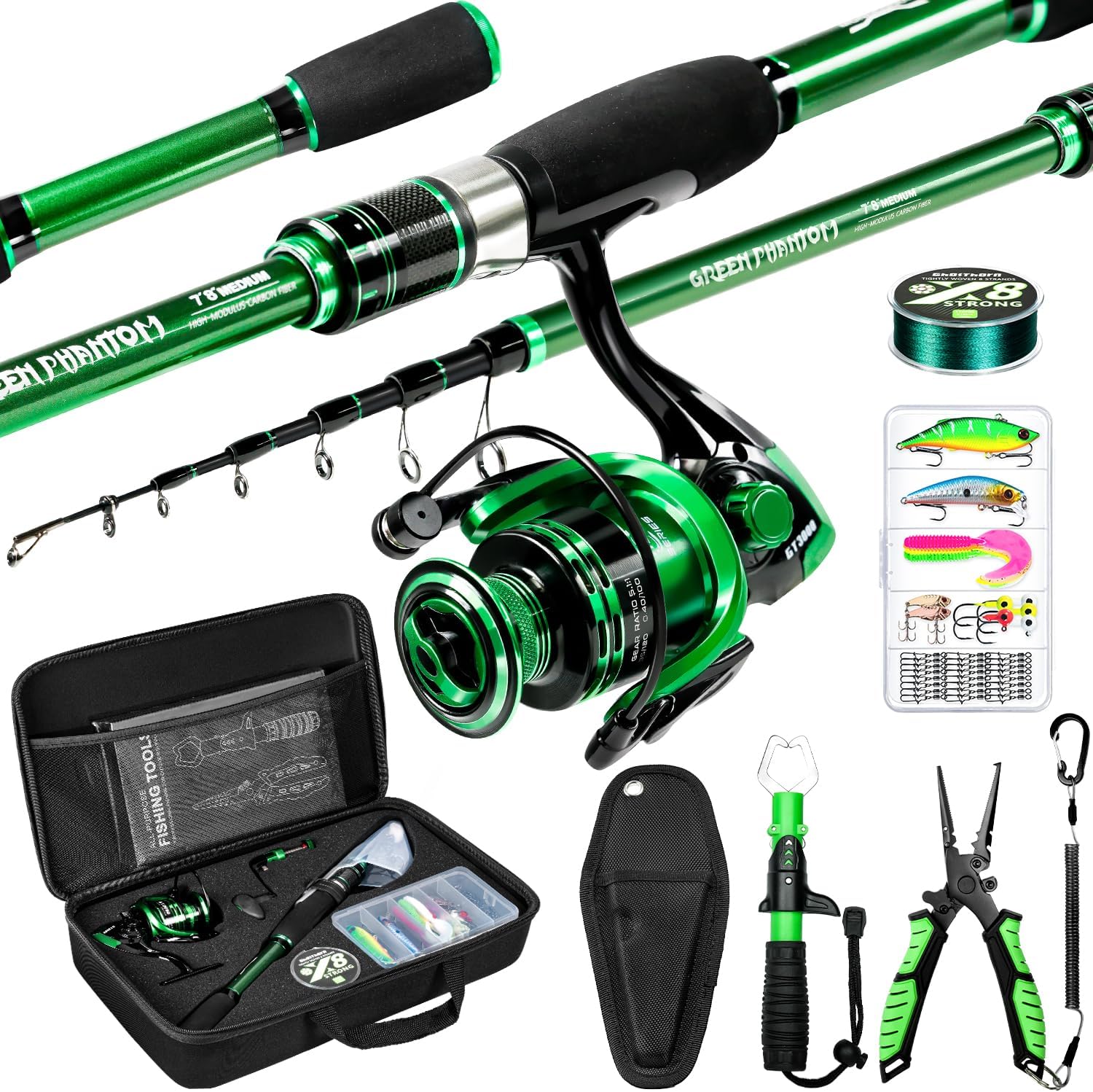 Ghosthorn Green Fishing Rod and Reel Combo Telescopic Pole Folding Tongs