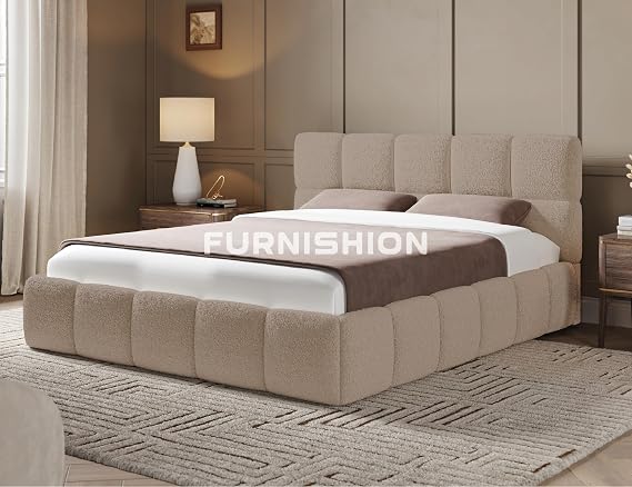 Luxury Cloud Teddy Boucle King Size Bed Frame 5ft, Modern Teddy Boucle Upholstered Design, Luxury King Size Beds for Stylish Bedrooms, Strong 5ft Bed Frame with Wooden Slats in Mink Boucle