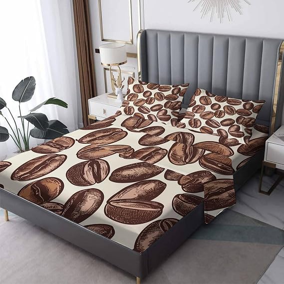 California King Sheet Sets - Coffee Bed Sheets, Coffee Bean Bedding Sheets & Pillowcases, Soft Microfiber & Deep Pocket & Wrinkle Free Patterned Sheet Set, 1 Fitted Sheet, 1 Flat Sheet, 2 Pillow Cases
