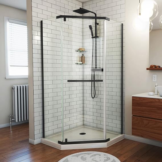 DreamLine Prism 42 inch D x 42 inch W x 74 3/4 inch H Frameless Neo-Angle Pivot Shower Enclosure in Matte Black with Biscuit Shower Base Kit