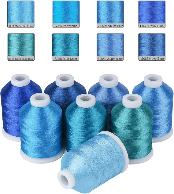 Simthread 8 Shades 550Yds Each 40WT Polyester Embroidery Thread Blue Set | 8 blue shades with 550Yds each feed smoothly using stable 40WT polyester thread for home and commercial embroidery machines.
