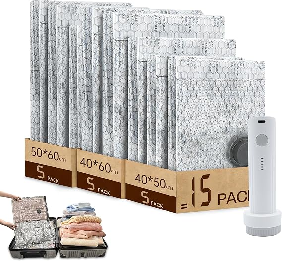 Vacuum Storage Bags with Wireless Electric Air Pump, 15-Pack (5S, 5M, 5L) – Reusable Space Saver Compression Bags, PA+PE Airtight Seal, for Travel, Home Storage, Clothes, Duvets, Blankets