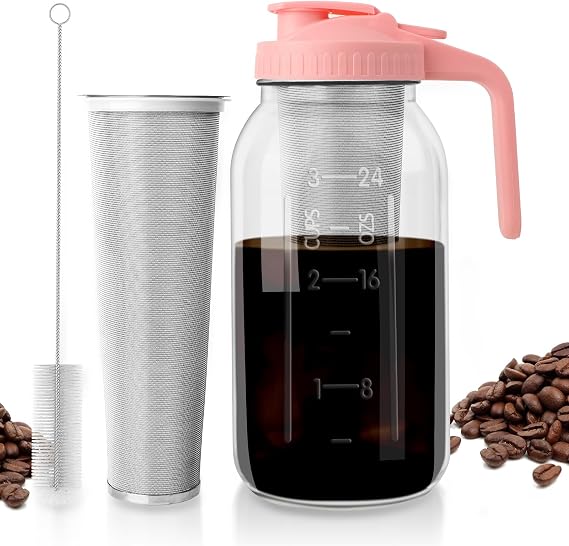 Cold Brew Coffee Maker with Pour Spout Handle Lid, 64oz Cold Brew Pitcher with Stainless Steel Filter, Heavy Duty Glass Mason Jar Cold Brew Maker for Coffee, Iced Tea, Sun Tea, Lemonade