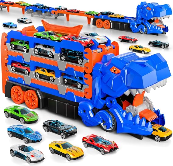 Dinosaur Toys with 12 Die-Cast Cars for 2 3 4 5 Year Old Boys Girls, Race Track Truck Carrier, 59-Inches Foldable Transporter Toy Set, Kids Birthday for Boys Age 3-6 (Blue)