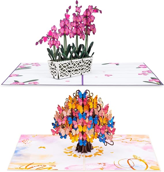 Paper Love Pop Up Cards 2 Pack - Includes 1 Orchids and 1 Butterfly Tree, For All Occasions, Mother Day, Birthday, Just Because- Includes Envelope and Note Tag