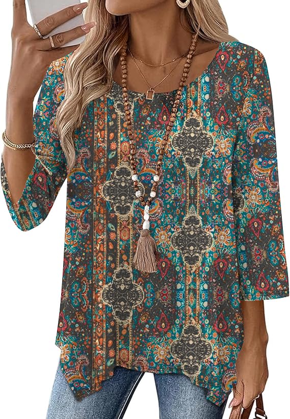 AKEWEI 3/4 Length Sleeve Womens Tunic Tops Loose Fit Blouses Dressy Casual Crew Neck Tees S-2XL
