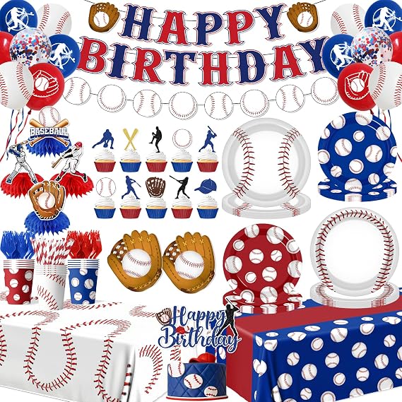 Baseball Birthday Decorations-210Pcs Baseball Themed Plates and Napkins Gameday Sport Themed Tableware and Balloons Party Supplies