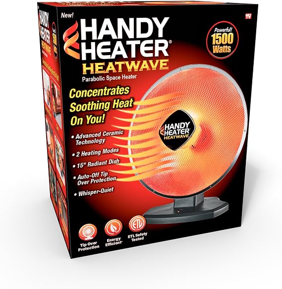 Handy Heater Heatwave Heat Dish Parabolic Space Heater 1500W Ceramic Electric Dish w/Oscillation - 2 Heat Modes, Auto Shut-Off & Tip-Over Protection - Indoor Space Warmer Dish for Indoor Use