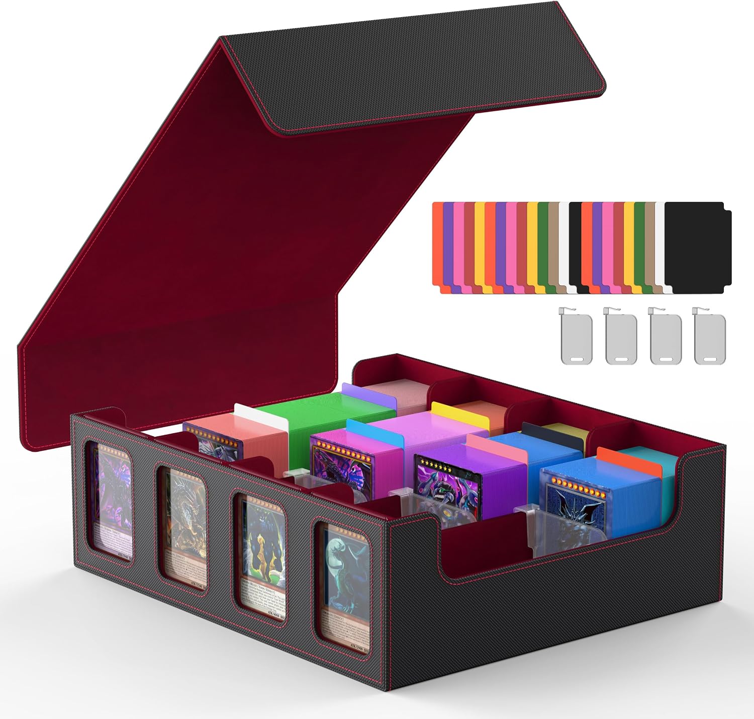 Miroddi Trading Card Storage Box, 3000 MTG Deck Box, Commander Card Deck Case with Removable Cover, 4-Row Trading Card Case Fit for MTG TCG, YugiOh, 24 Colorful Dividers, 4 Stoppers, Black Red