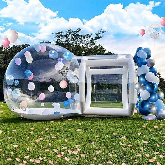 10 FT Inflatable Bubble House for Kids, Clear PVC Bubble Balloon House with Tunnel, Air Blower, 600W Air Pump Transparent Bubble House Dome Inflatable for Party, Yard Decoration, White