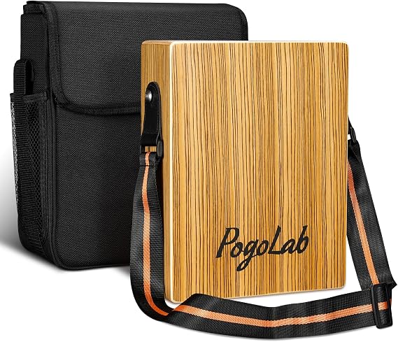 POGOLAB Travel Cajon Drum, Portable Adjustable Tone Thick Wooden Cajon with Adjustable Strap & Storage Bag, Musical Hand Drum with Guitar Steel Strings, Compact Size Percussion Instrument Kit