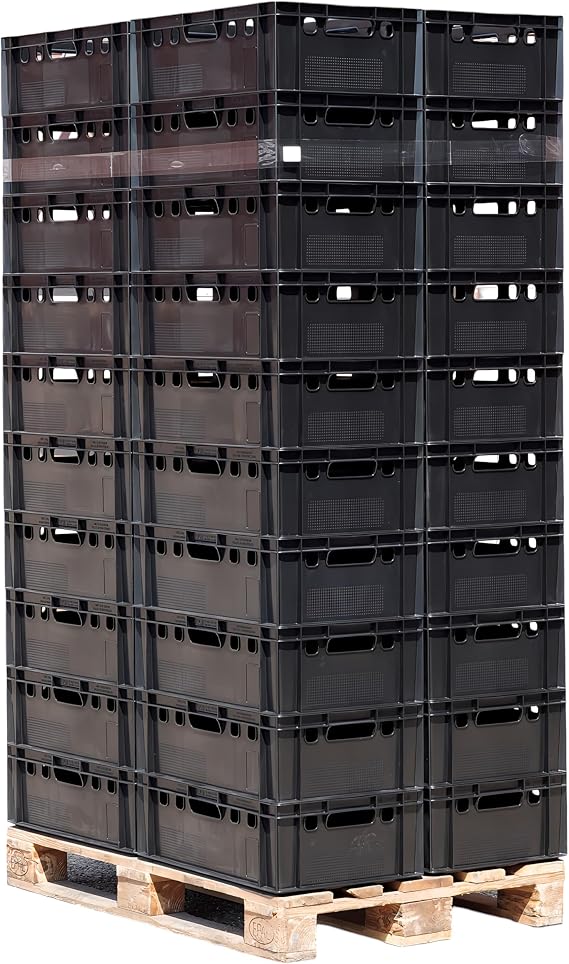 Pallet E2 Crates, 60 x 40 x 20 cm, Meat Box, Storage Box, Butcher Crate – Pack of 40 in Black