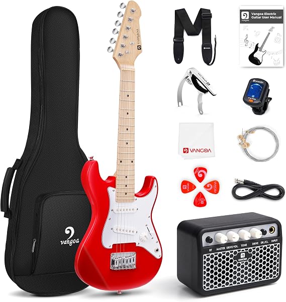 Vangoa 30 Inch Kids Electric Guitar Starter Kit with Amp - Red | Ergonomic body with gloss finish. 2 single-coil pickups, 3-way switch (rock/blues/funk). Smooth maple neck, stable tuning