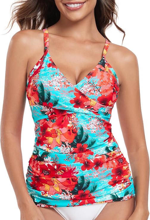 RELLECIGA Women's Tummy Control Tankini Top | V Neck,Front Twist,Ruched,Push Up Molded Cup,Fully Lined,Adjustable Shoulders,Crossback,Modest Bathing Suit Top