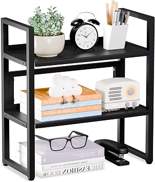 Desk Shelf Organizer, Adjustable 2 Tier Metal Desktop Shelves, Desktop Bookshelf Organization with Foot Mat, Multi-Functional Small Storage Rack for Office Dorm Home, Black