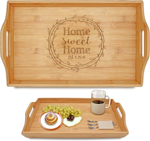 Personalized Bamboo Wood Serving Tray with Handles, Engraved Wooden Trays, Wedding Gifts, Housewarming Gifts (Home Sweet Home)