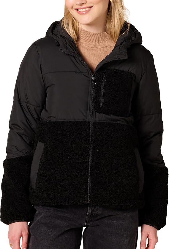 Amazon Essentials womens Full-Zip Sherpa Fleece Hooded Puffer Jacket