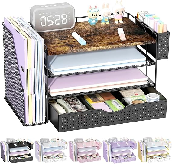 Wood Desk Organizers and Accessories with File Sorters, 4-Tier Desk Accessories & Workspace Organizers with Drawer and Pen Holder, Desk Reference Organizer (Wood, 4T with Drawer)