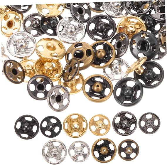 CIMAXIC 100 Set Mini Copper Snap Button Fasteners Round Metal Press Studs for DIY Sewing Clothes Jackets Coats Shirts Invisible Snap Closures Gold Silver Gunmetal Antique Bronze Each 20